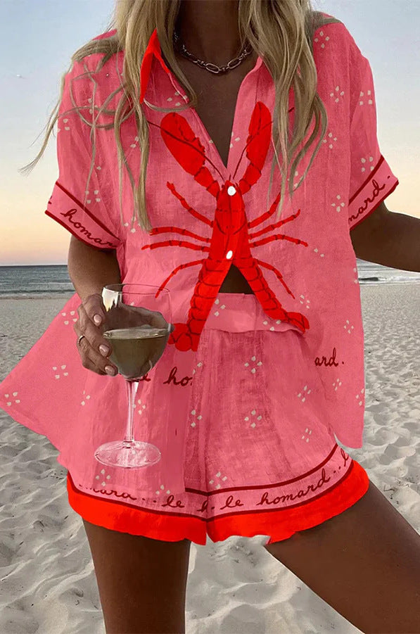 Freya | Women's Linen Shirt Dress Pink Lobster Print