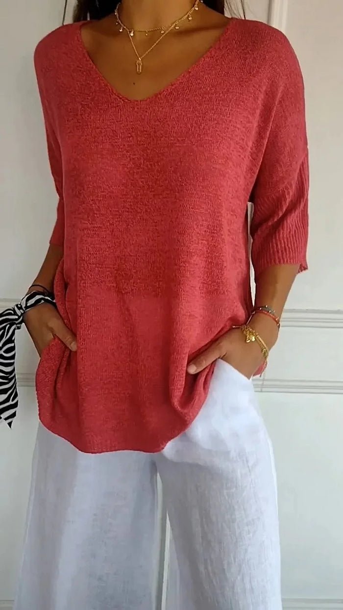 Lola | Women's V Neck Sweater Red Three Quarter Sleeve