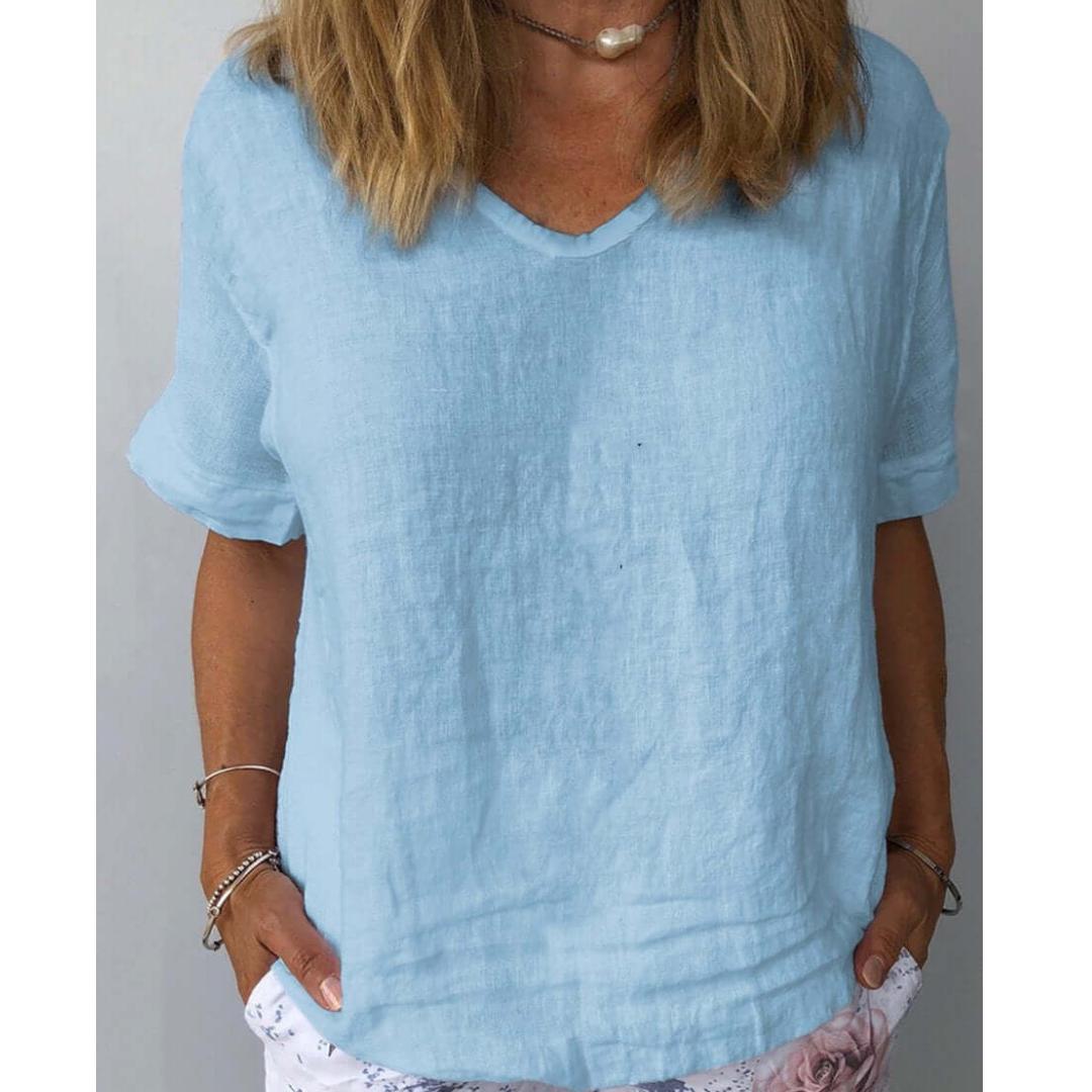 Cleo | Women's Linen Top Light Blue V Neck Short Sleeve