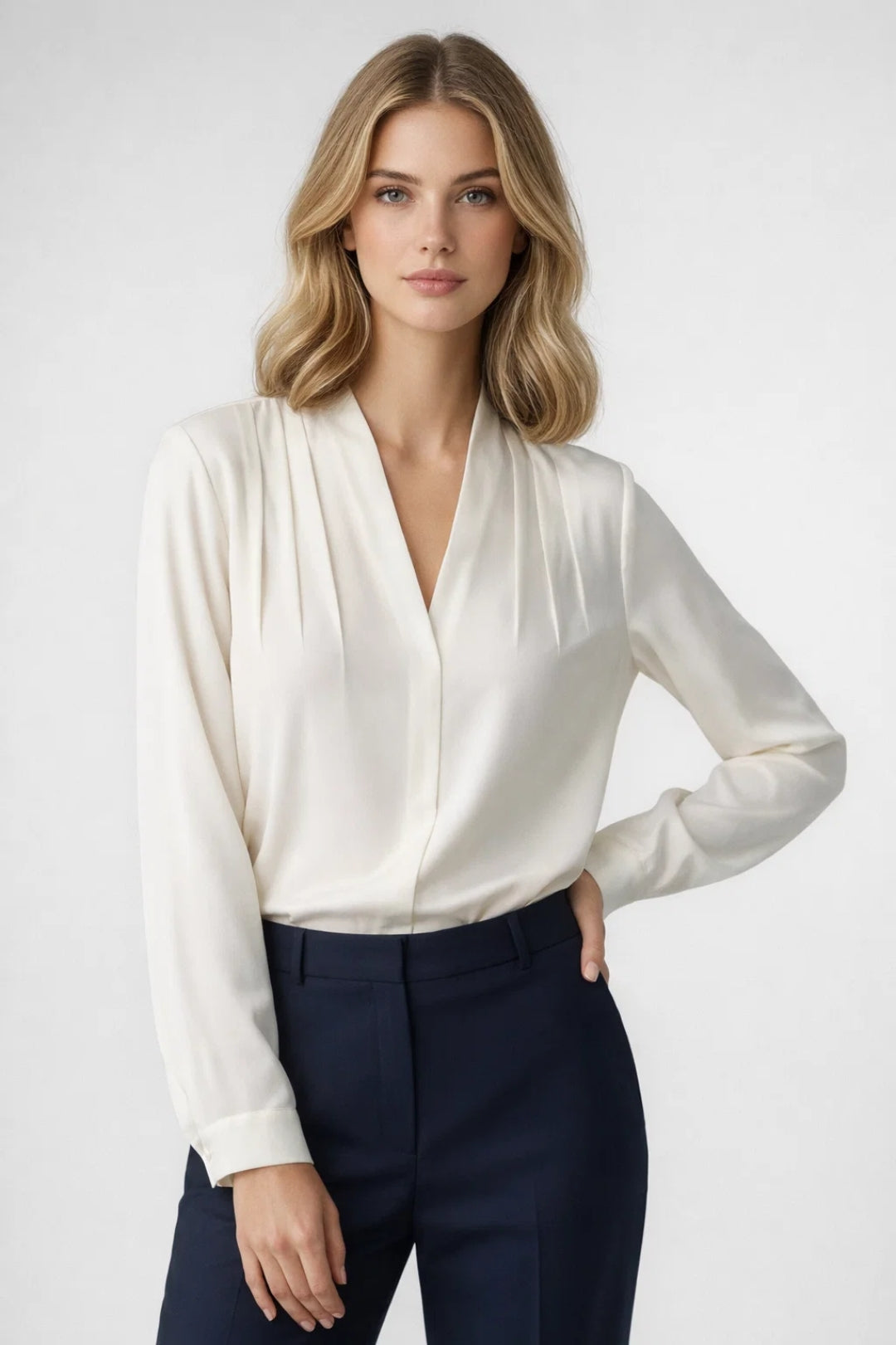 Elise | Women's Long Sleeve Wrap Blouse Cream V Neck
